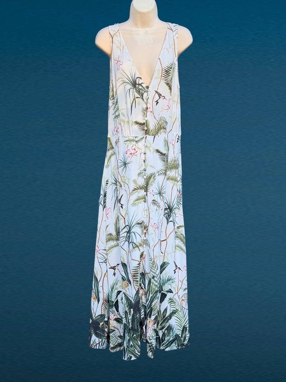 H&M Cream Botanical Tropical Jungle Button Front V-Neck Sleeveless Maxi Dress, 8